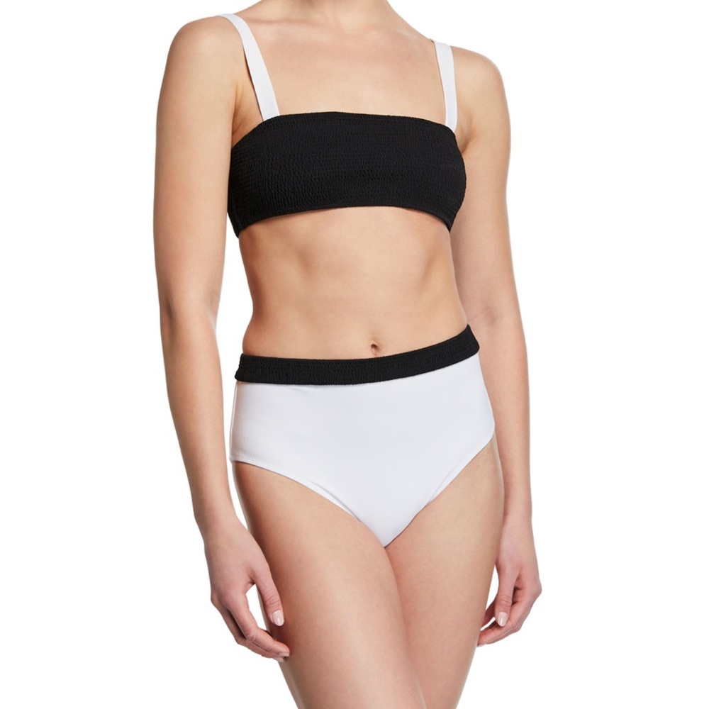 Kisuii Lillis Smocked Bandeau‎ Black & White Bikini Top and Bottom Size Large
